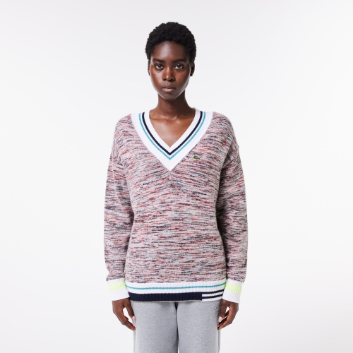 Contrast Stripe V Neck Alpaca Sweater