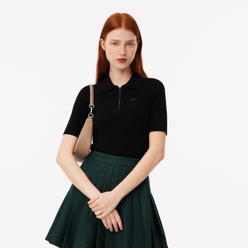 Zip Neck Rib Knit Polo Shirt