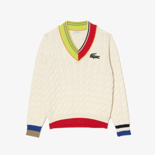 Women’s Lacoste Cable Knit Colour Twist V-neck Sweater