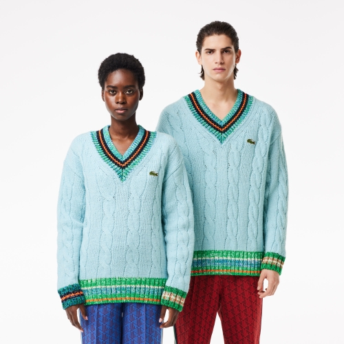 Loose Fit Contrast V Neck Wool Sweater