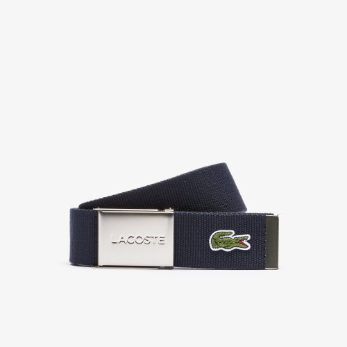 Men's Made in France Lacoste Engraved Buckle Woven Fabric Belt